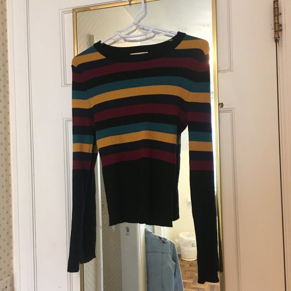 Striped Ribbed Long Sleeve Cropped Top M - Picture 3 of 4